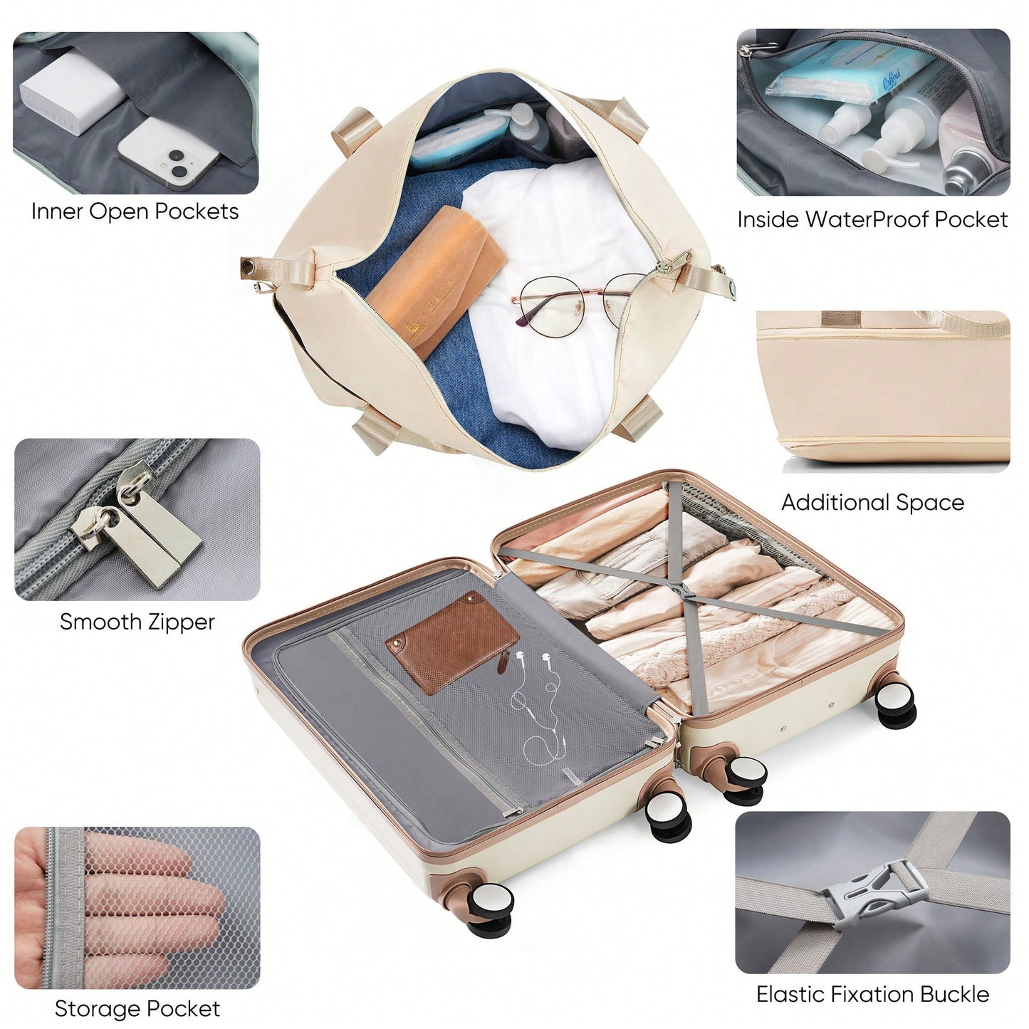 Expandable 4-Piece Luggage Set With USB Port And Cup Holder - Airline Certified Hard Shell Carry-On Bags In Ivory And Gold