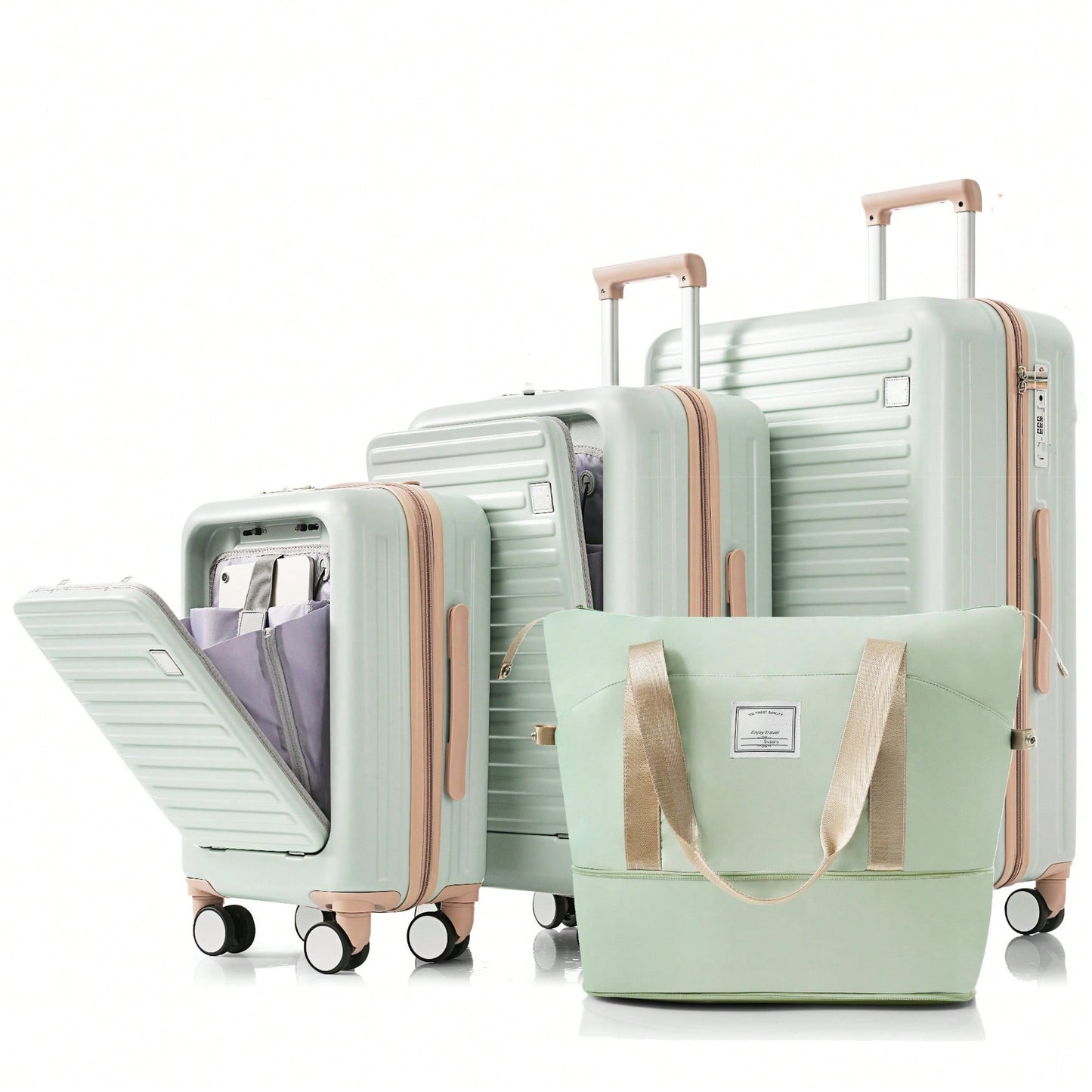 Expandable 4-Piece Luggage Set With USB Port And Cup Holder - Airline Certified Hard Shell Carry-On Bags In Ivory And Gold