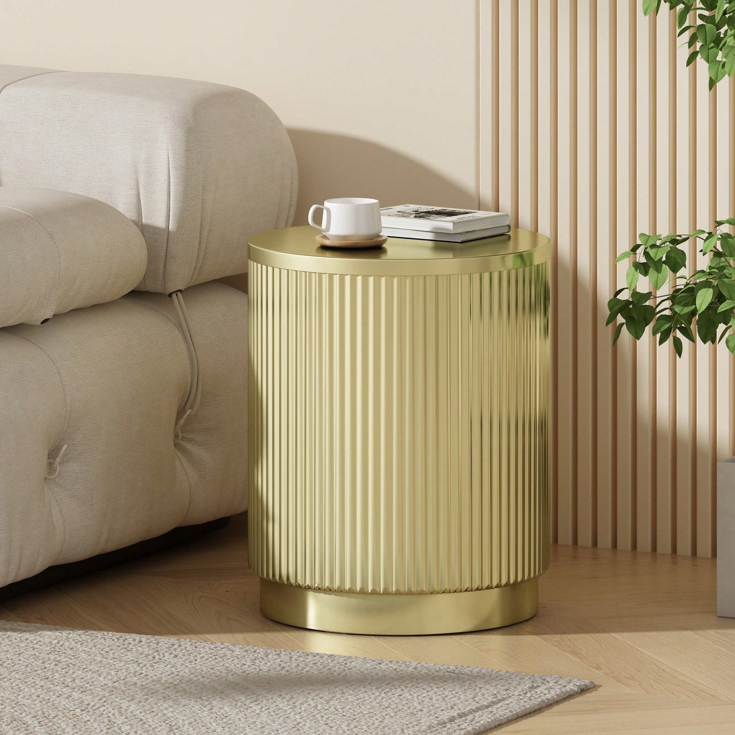 Elegant Gold Finish Round Side Table With Vertical Line Design For Modern Living Spaces