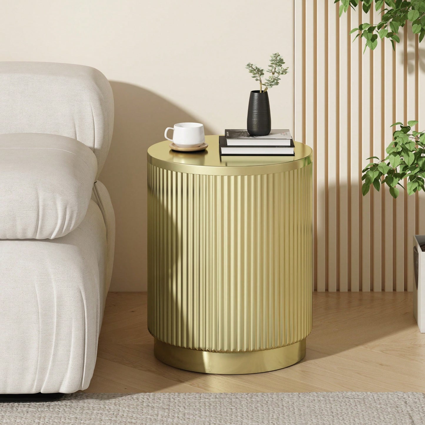 Elegant Gold Finish Round Side Table With Vertical Line Design For Modern Living Spaces