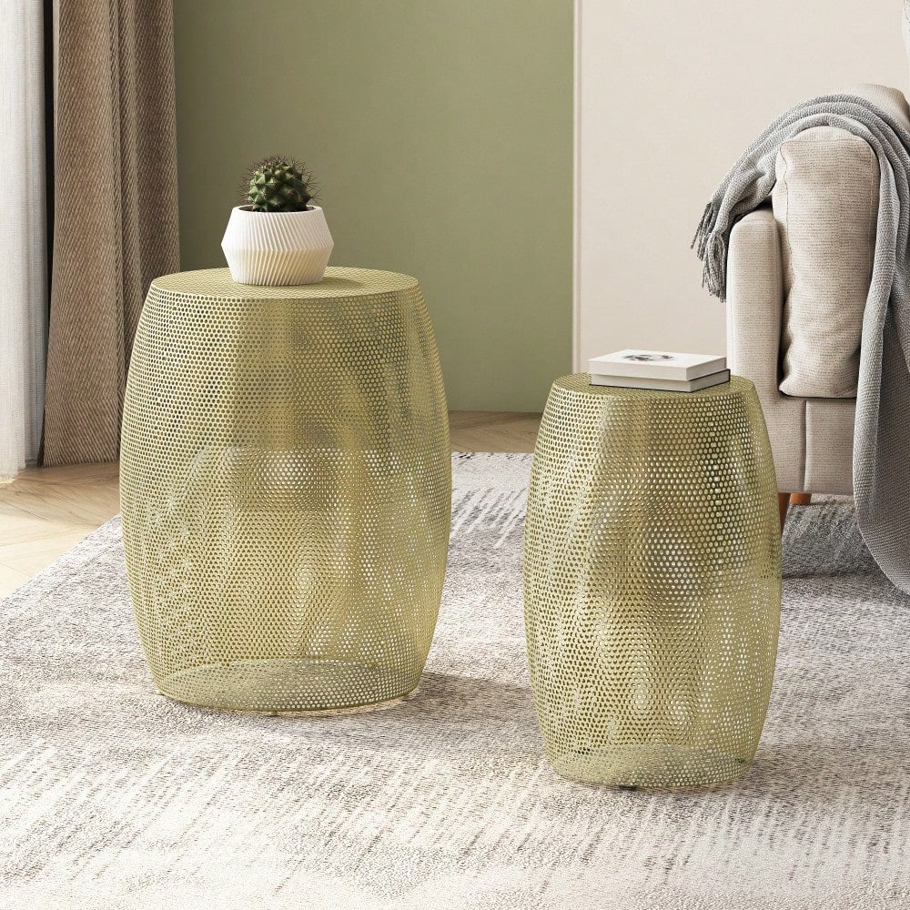 Elegant Round Hollow Metal Side Table Duo For Modern Living Spaces