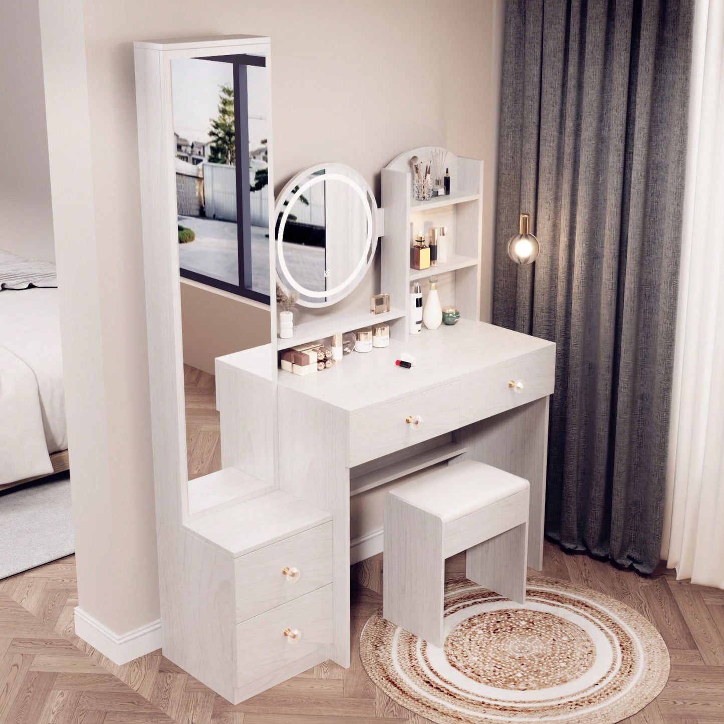 LED Full Body Mirror Cabinet with Vanity Table and Cushioned Stool 3 Color Settings Adjustable Brightness Multi-Layer Storage Solutions