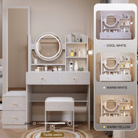 LED Full Body Mirror Cabinet with Vanity Table and Cushioned Stool 3 Color Settings Adjustable Brightness Multi-Layer Storage Solutions