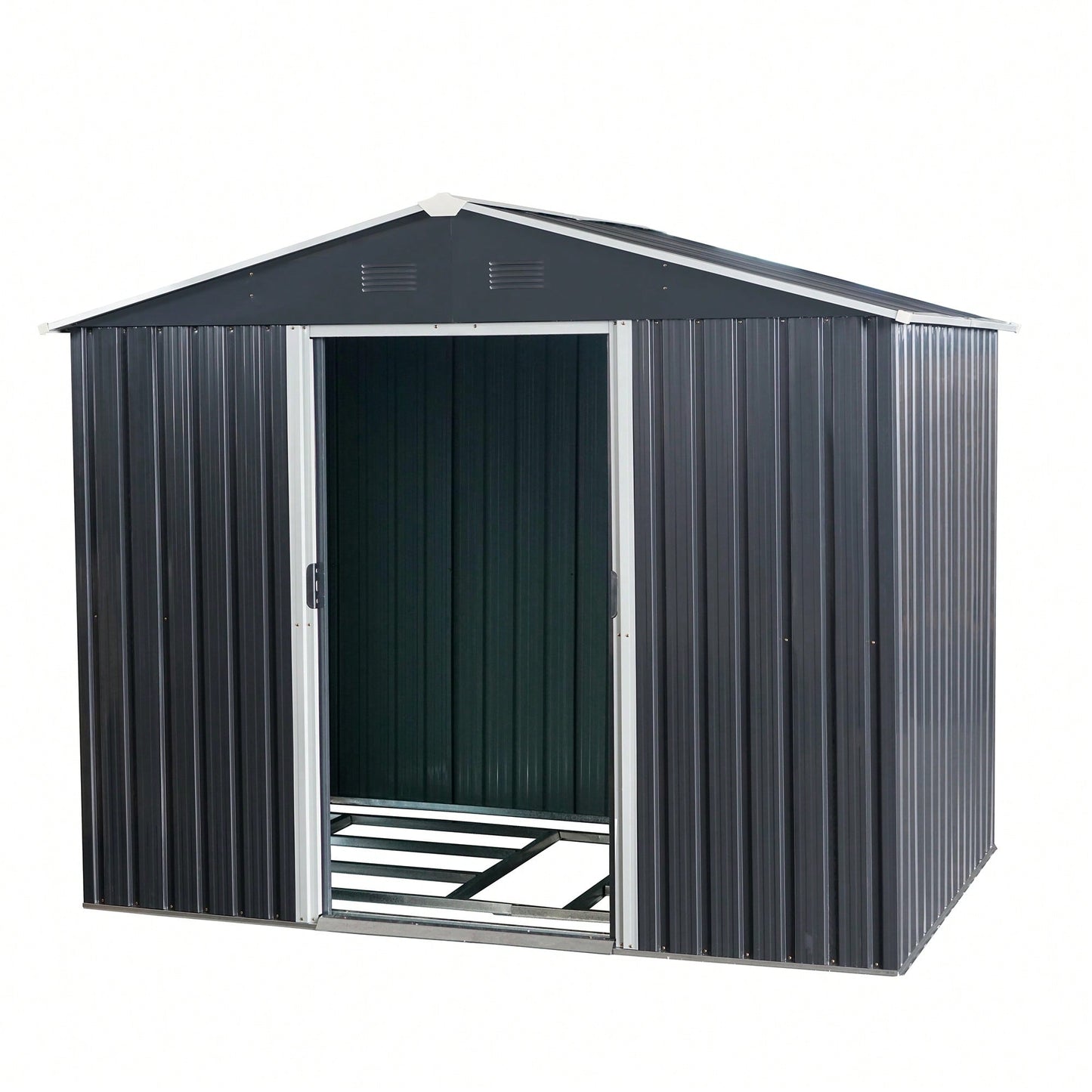 Spacious 8ft X 6ft Outdoor Metal Storage Shed With Durable Floor Base - Black Finish For Garden And Tool Organization