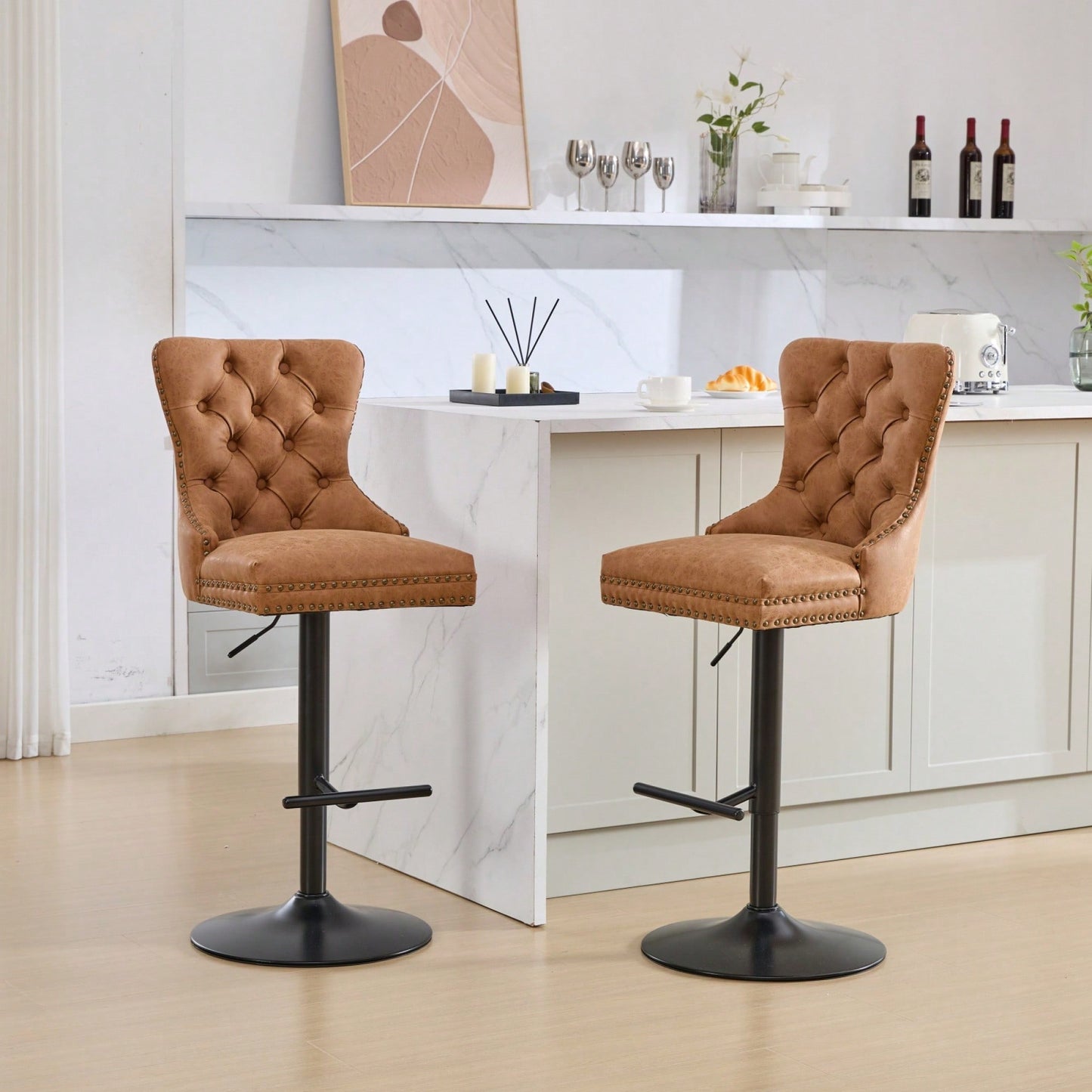 Olive Green Adjustable Height Aged Retro PU Swivel Bar Stools Set of 2 with Comfortable Tufted Back for Kitchen Island and Home Pub