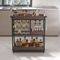 Versatile 3-Tier Rolling Serving Cart with Lockable Wheels Wine Rack Glass Holder Indoor Outdoor Use 2 Removable Trays