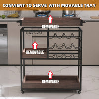 Versatile 3-Tier Rolling Serving Cart with Lockable Wheels Wine Rack Glass Holder Indoor Outdoor Use 2 Removable Trays