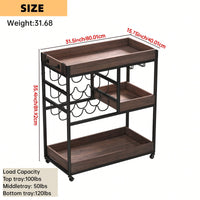 Versatile 3-Tier Rolling Serving Cart with Lockable Wheels Wine Rack Glass Holder Indoor Outdoor Use 2 Removable Trays