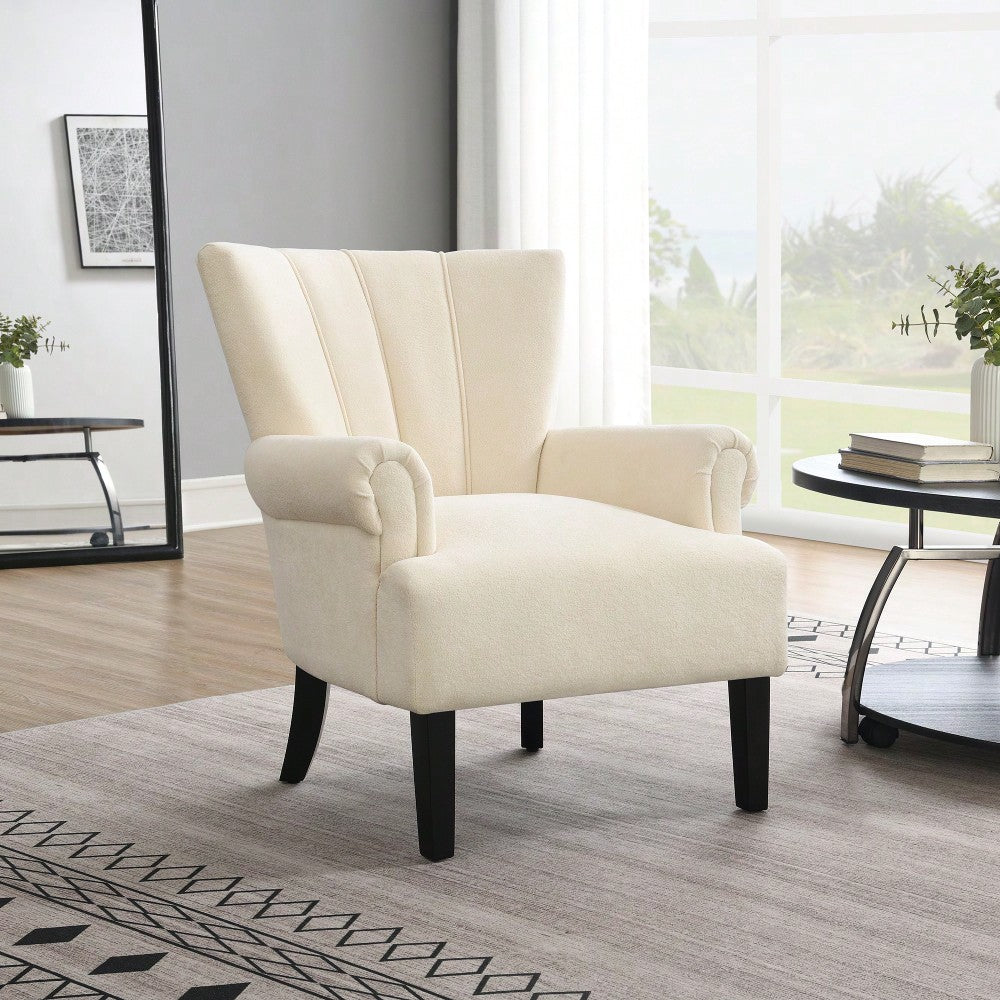 Stylish Polyester Accent Armchair For Living Room And Bedroom – Channel Back Club Chair With Soft Fabric And Wooden Legs In Beige