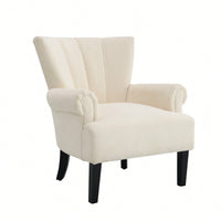 Stylish Polyester Accent Armchair For Living Room And Bedroom – Channel Back Club Chair With Soft Fabric And Wooden Legs In Beige