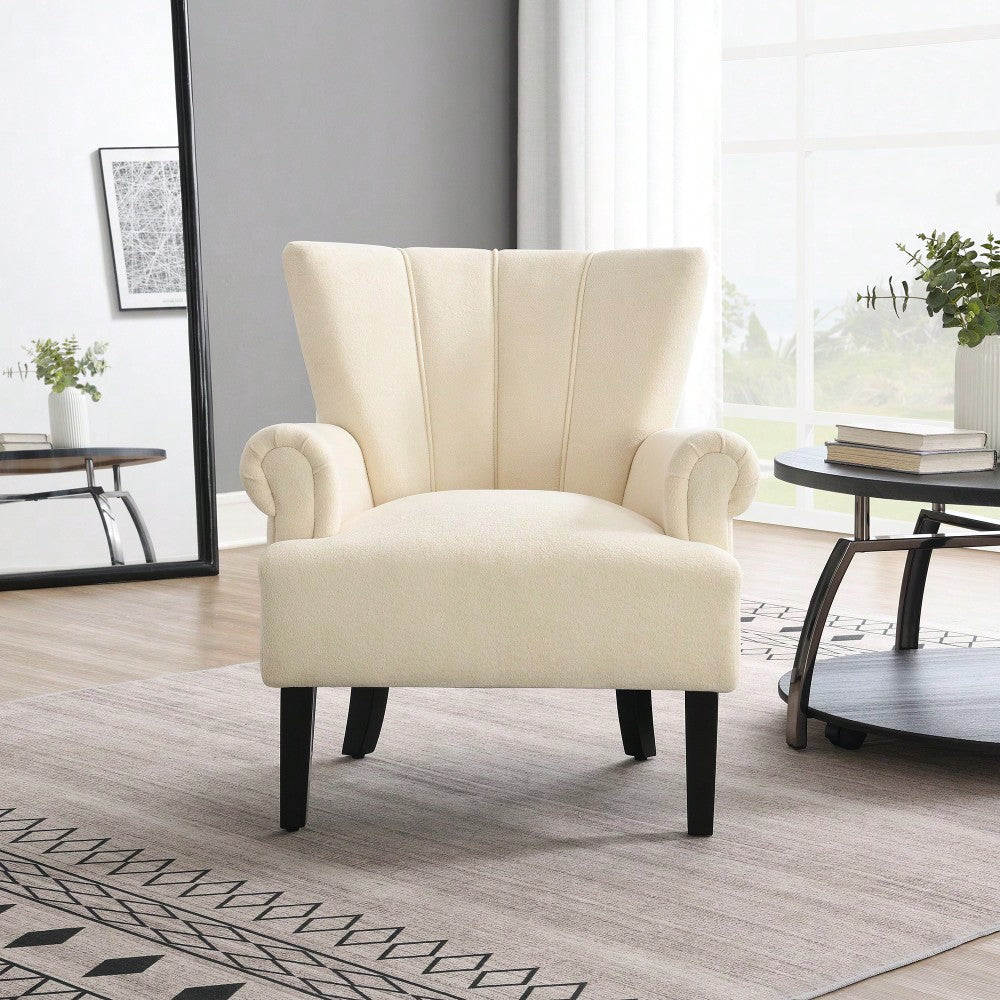 Stylish Polyester Accent Armchair For Living Room And Bedroom – Channel Back Club Chair With Soft Fabric And Wooden Legs In Beige