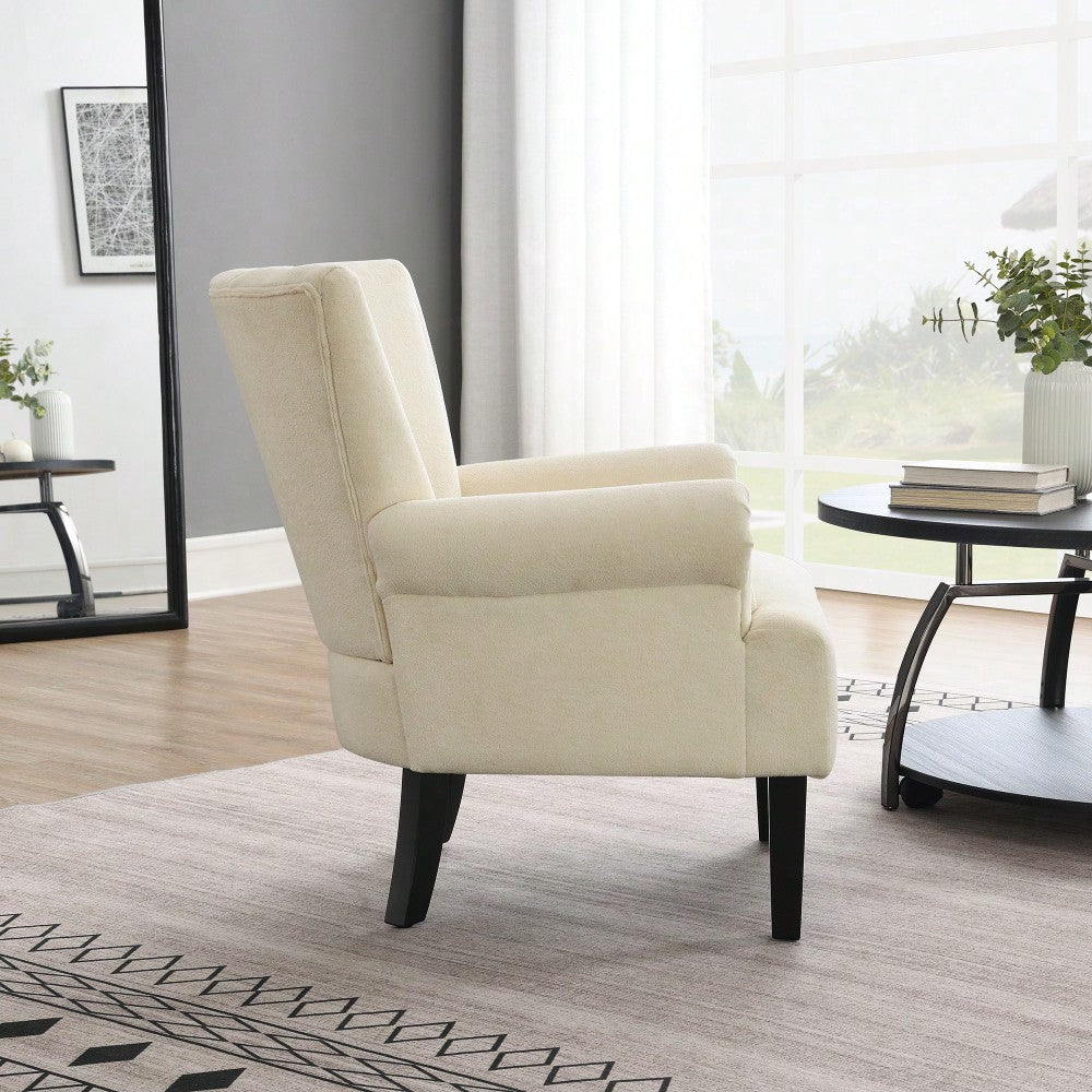 Stylish Polyester Accent Armchair For Living Room And Bedroom – Channel Back Club Chair With Soft Fabric And Wooden Legs In Beige