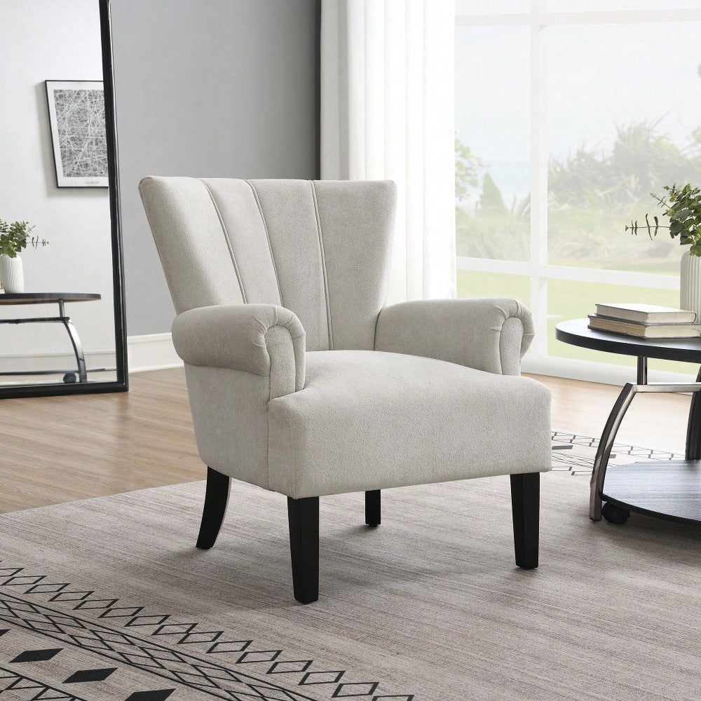 Stylish Polyester Accent Armchair For Living Room And Bedroom – Channel Back Club Chair With Soft Fabric And Wooden Legs In Beige