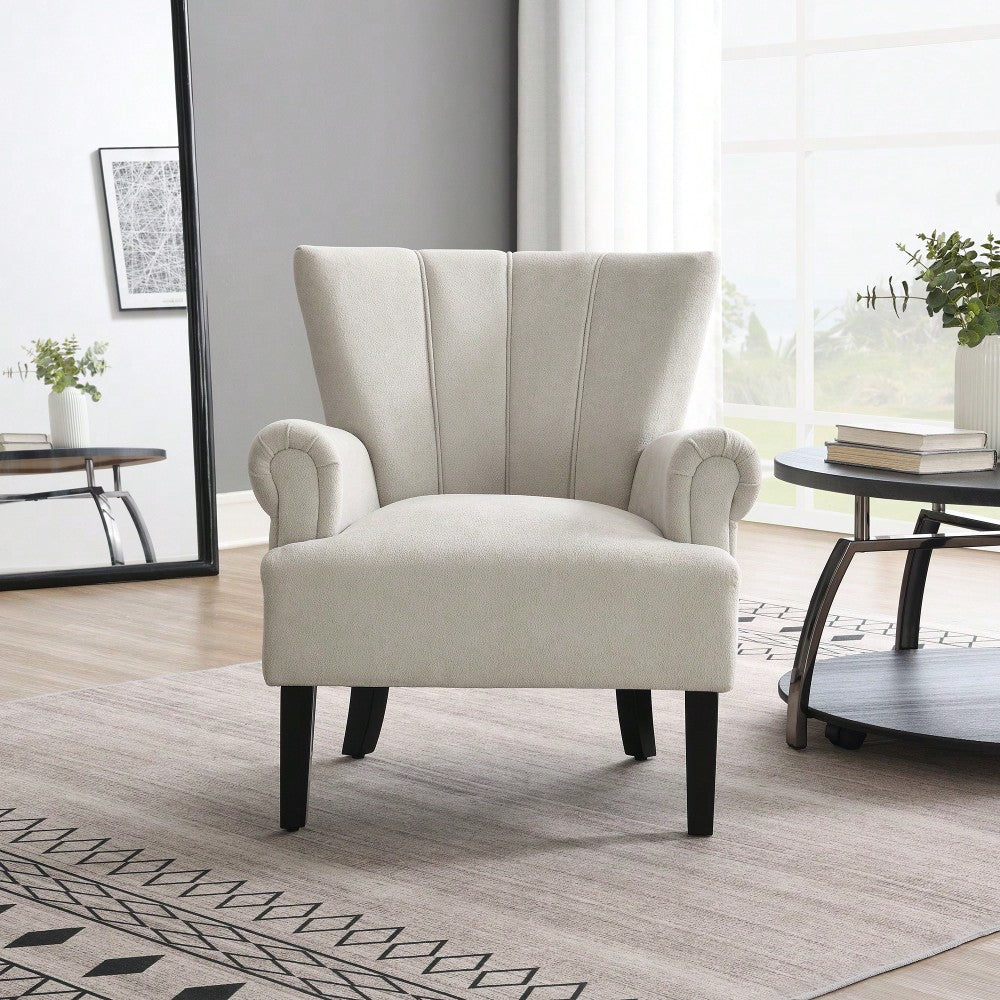 Stylish Polyester Accent Armchair For Living Room And Bedroom – Channel Back Club Chair With Soft Fabric And Wooden Legs In Beige