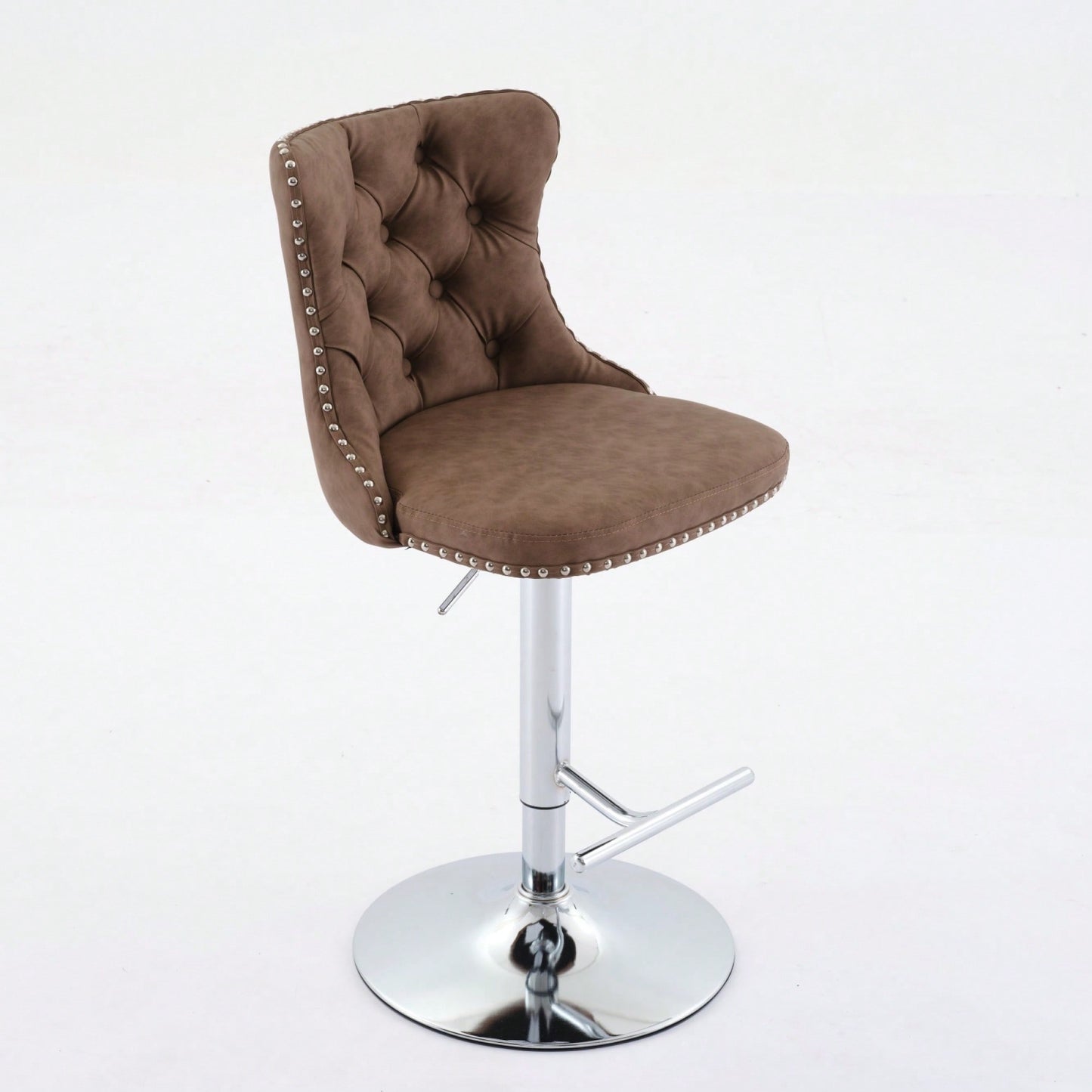 Beige Adjustable Swivel PU Leather Bar Stools with Tufted Backs Chrome Base Set of 2 Height 25-33 Inches for Home Pub and Kitchen Island