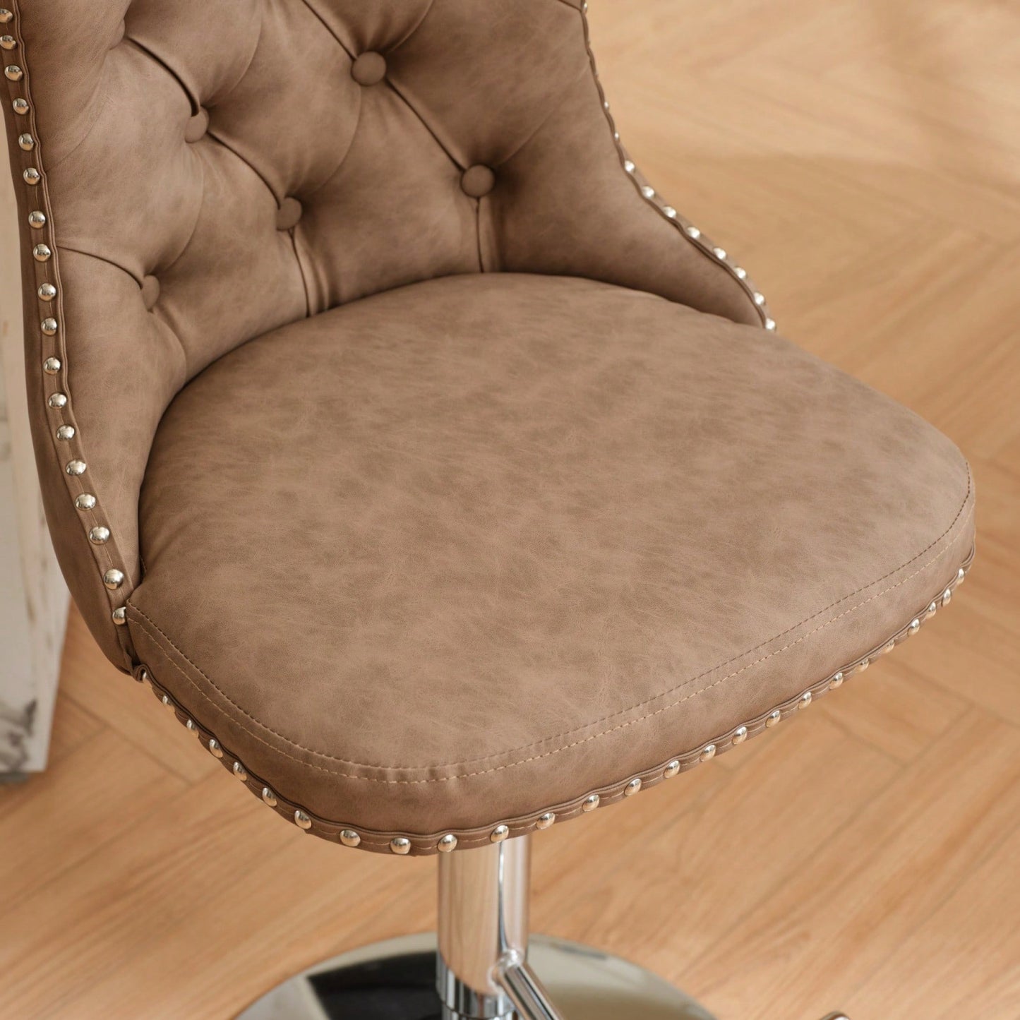 Beige Adjustable Swivel PU Leather Bar Stools with Tufted Backs Chrome Base Set of 2 Height 25-33 Inches for Home Pub and Kitchen Island