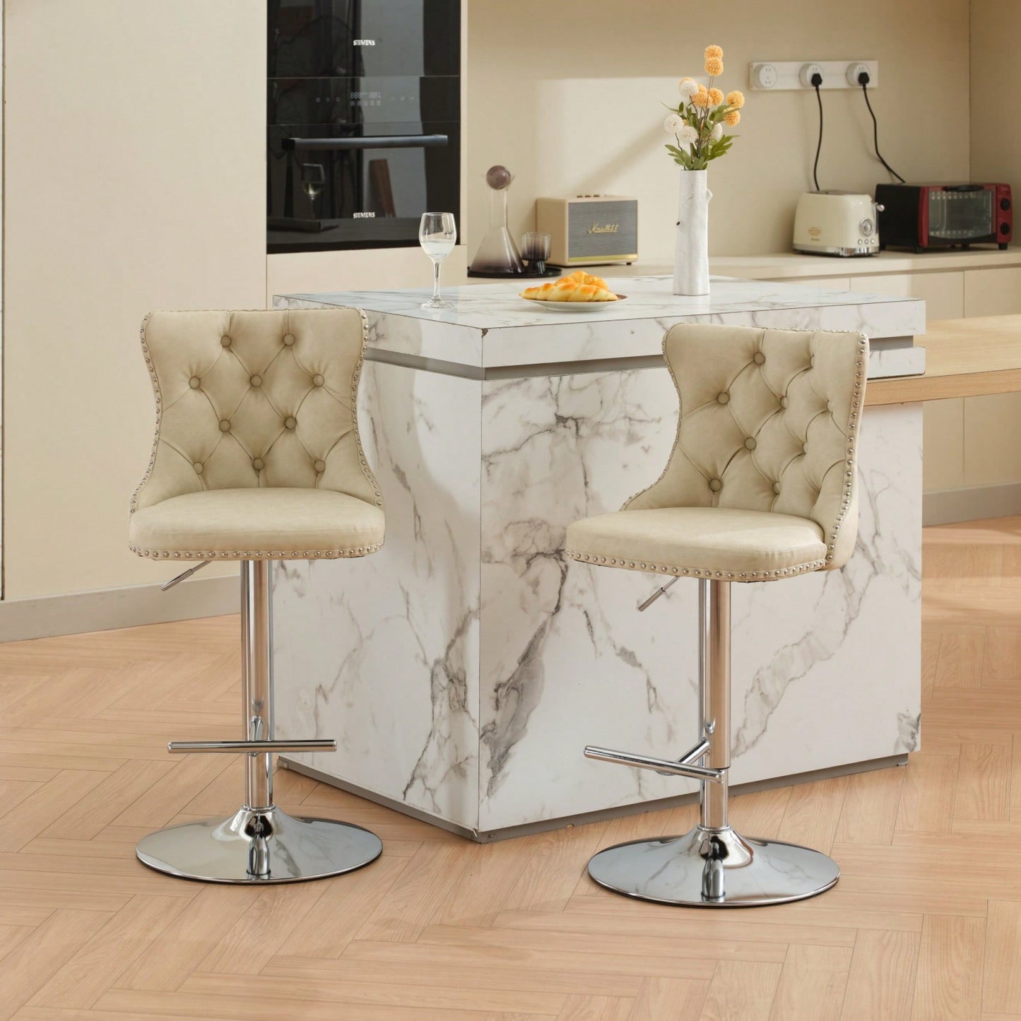 Beige Adjustable Swivel PU Leather Bar Stools with Tufted Backs Chrome Base Set of 2 Height 25-33 Inches for Home Pub and Kitchen Island