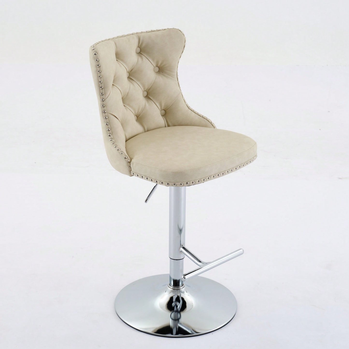 Beige Adjustable Swivel PU Leather Bar Stools with Tufted Backs Chrome Base Set of 2 Height 25-33 Inches for Home Pub and Kitchen Island
