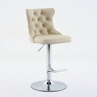 Beige Adjustable Swivel PU Leather Bar Stools with Tufted Backs Chrome Base Set of 2 Height 25-33 Inches for Home Pub and Kitchen Island