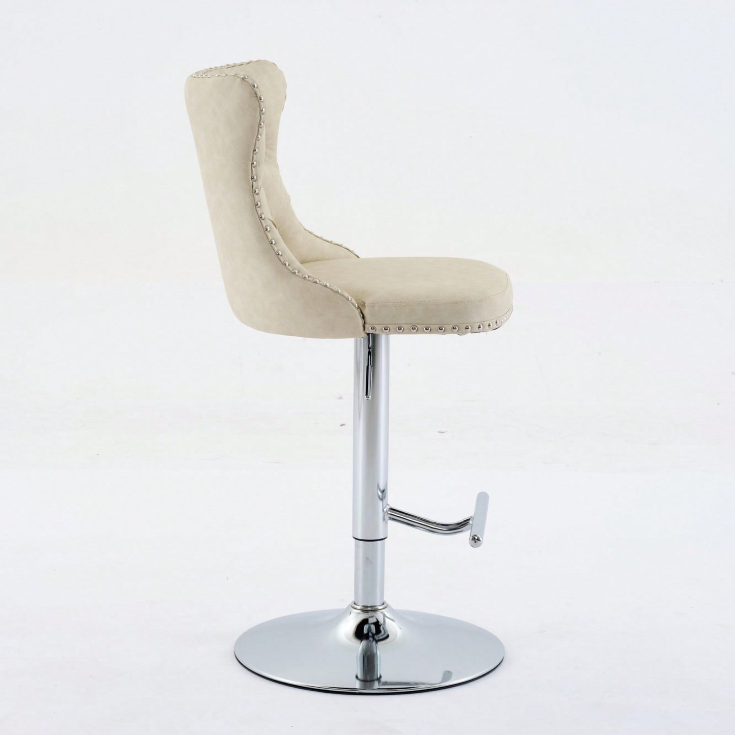 Beige Adjustable Swivel PU Leather Bar Stools with Tufted Backs Chrome Base Set of 2 Height 25-33 Inches for Home Pub and Kitchen Island
