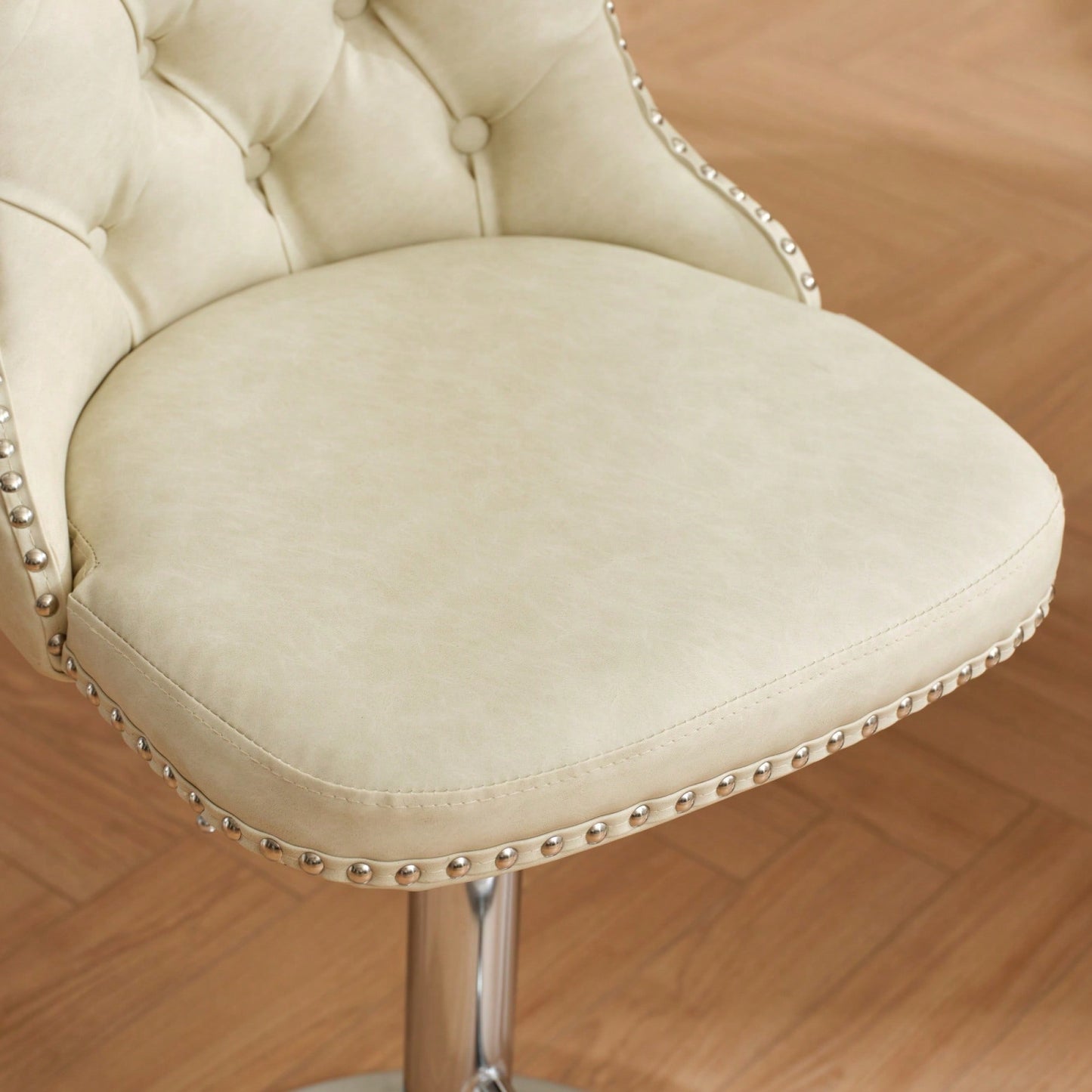 Beige Adjustable Swivel PU Leather Bar Stools with Tufted Backs Chrome Base Set of 2 Height 25-33 Inches for Home Pub and Kitchen Island