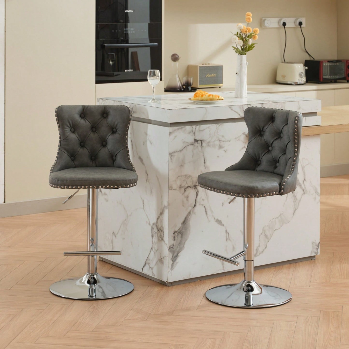 Beige Adjustable Swivel PU Leather Bar Stools with Tufted Backs Chrome Base Set of 2 Height 25-33 Inches for Home Pub and Kitchen Island