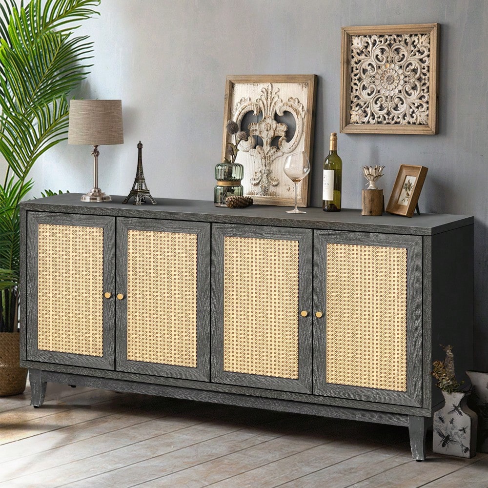 Handcrafted Premium Rattan Sideboard Cabinet With 4 Doors, Modern Console Table With Adjustable Shelves For Stylish Living Room Storage