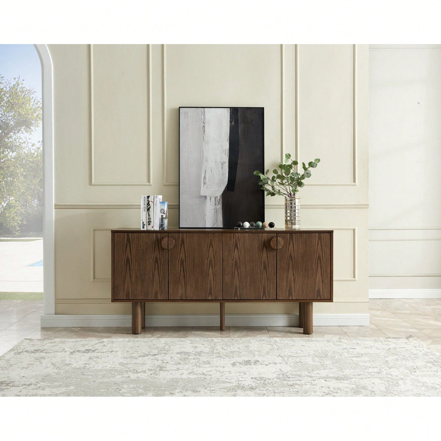 Walnut Accent Cabinet with Storage Versatile Sideboard for Living Room Kitchen Entryway and Dining Room with 4 Outlet Holes