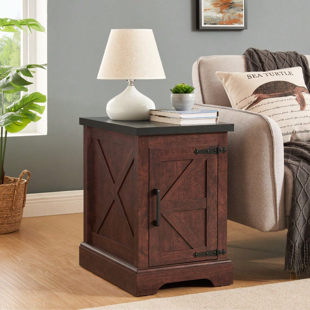 Rustic Rectangular End Table With Barn Door & Adjustable Shelf - Farmhouse Style Nightstand For Living Room & Bedroom, Oak Finish