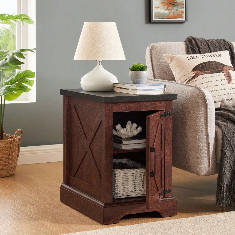 Rustic Rectangular End Table With Barn Door & Adjustable Shelf - Farmhouse Style Nightstand For Living Room & Bedroom, Oak Finish