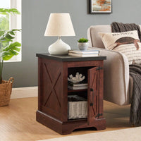 Rustic Rectangular End Table With Barn Door & Adjustable Shelf - Farmhouse Style Nightstand For Living Room & Bedroom, Oak Finish