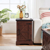 Rustic Rectangular End Table With Barn Door & Adjustable Shelf - Farmhouse Style Nightstand For Living Room & Bedroom, Oak Finish