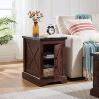 Rustic Rectangular End Table With Barn Door & Adjustable Shelf - Farmhouse Style Nightstand For Living Room & Bedroom, Oak Finish