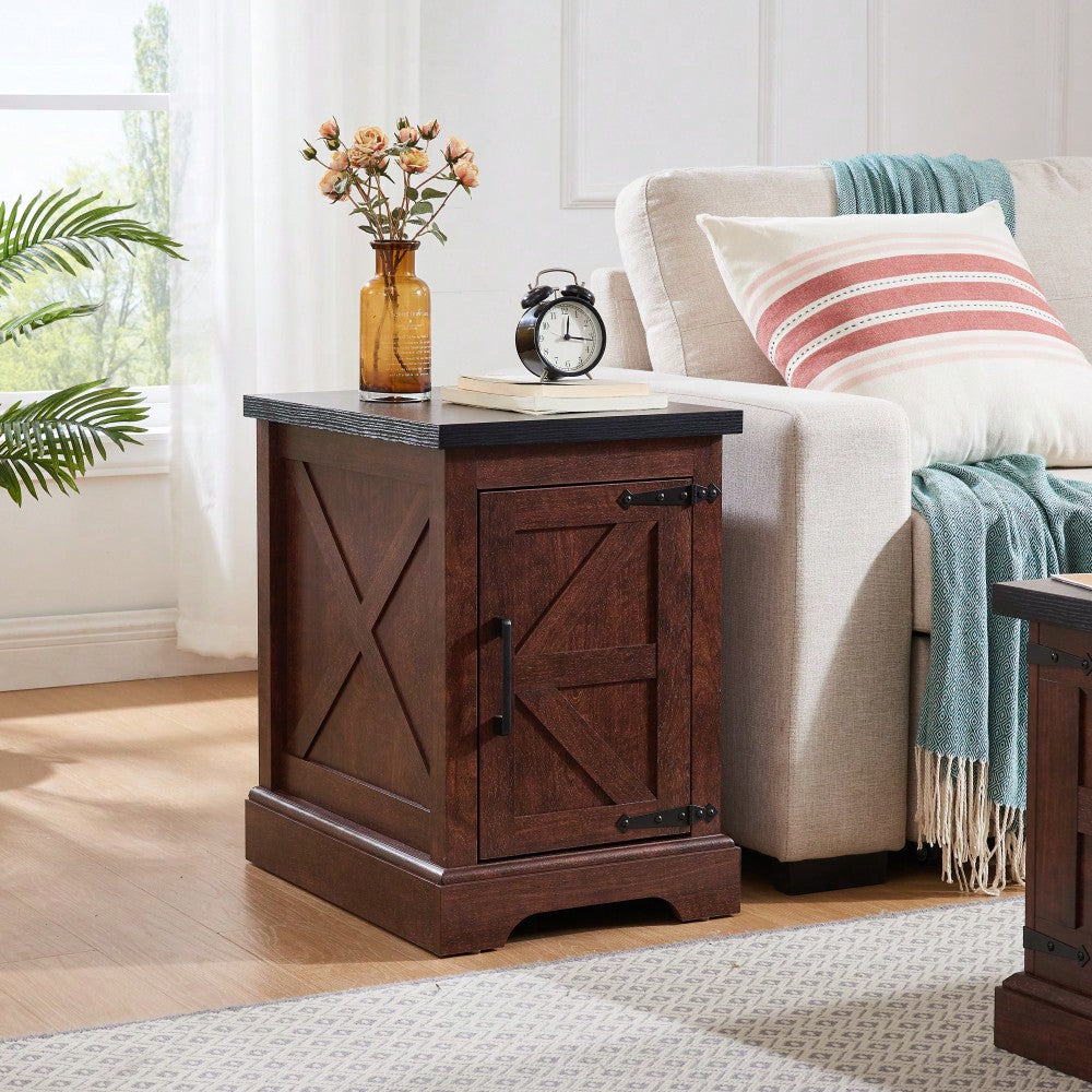 Rustic Rectangular End Table With Barn Door & Adjustable Shelf - Farmhouse Style Nightstand For Living Room & Bedroom, Oak Finish