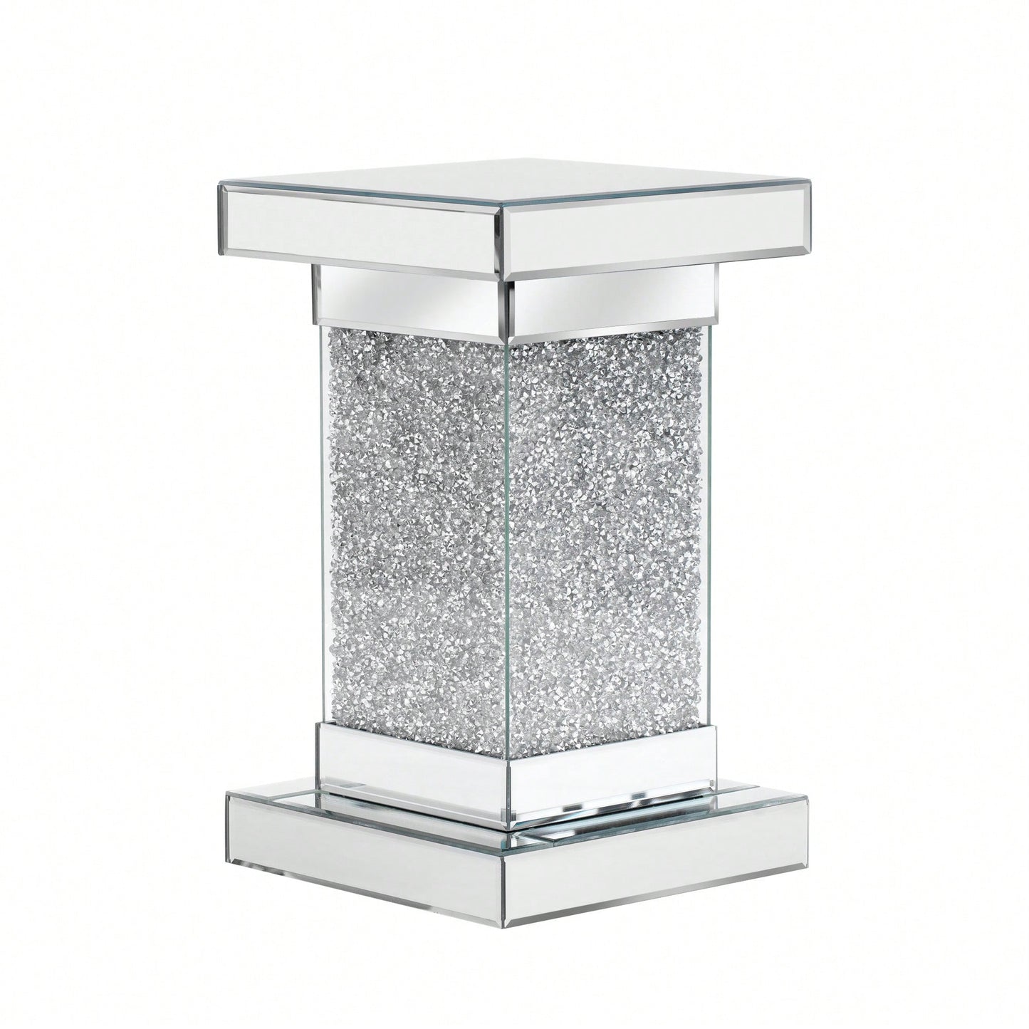 Modern Silver Square Mirrored End Table With LED Lights And Crushed Diamond Accent For Living Room - No Assembly Needed, 11.8" Design