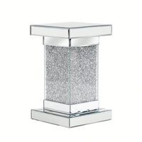 Modern Silver Square Mirrored End Table With LED Lights And Crushed Diamond Accent For Living Room - No Assembly Needed, 11.8" Design