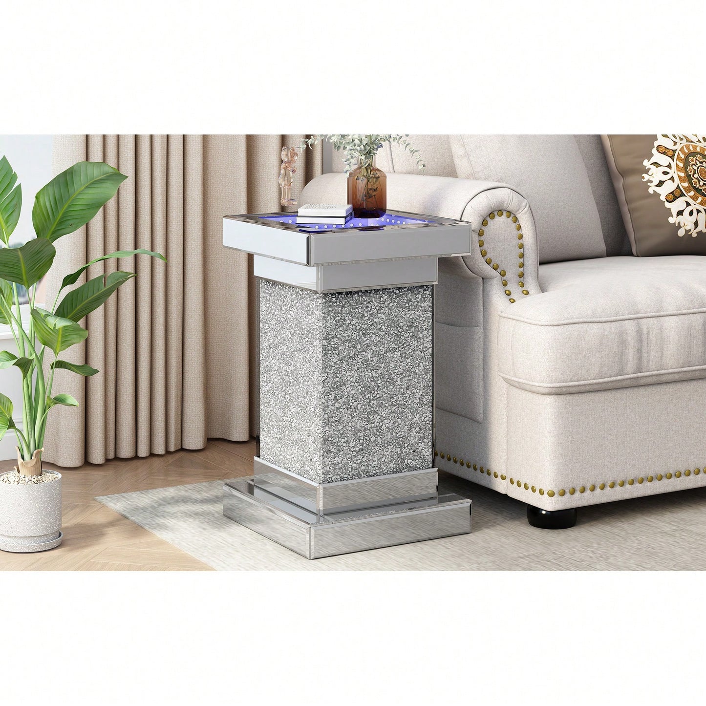 Modern Silver Square Mirrored End Table With LED Lights And Crushed Diamond Accent For Living Room - No Assembly Needed, 11.8" Design