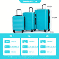 Stylish 3-Piece ABS Luggage Set With Spinner Wheels, TSA Lock, And Dual Hooks - Lightweight Travel Suitcases In Turquoise (20"/24"/28")