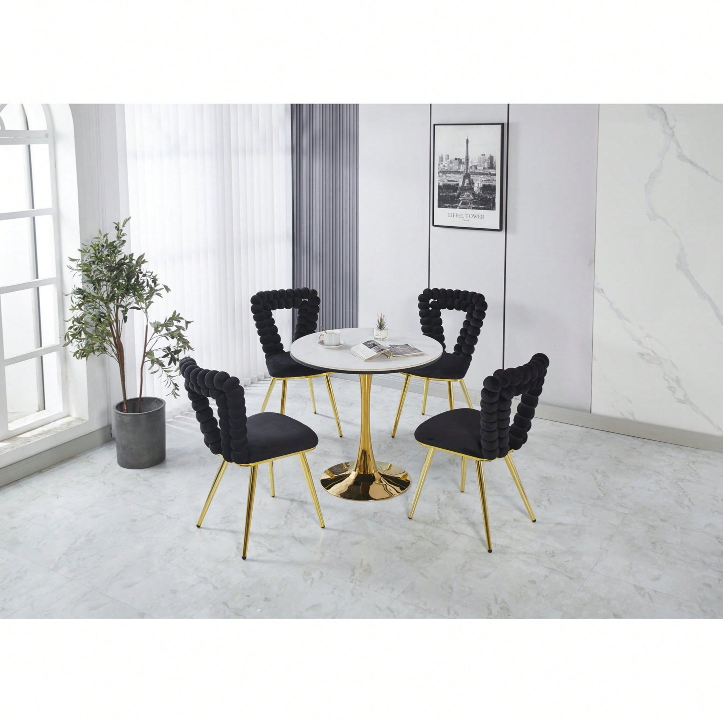 Stylish Set of 2 Modern Chairs with Gold Legs and Soft Black Cushions for Dining and Living Spaces