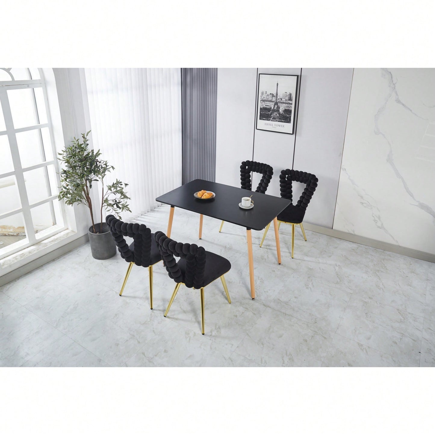 Stylish Set of 2 Modern Chairs with Gold Legs and Soft Black Cushions for Dining and Living Spaces