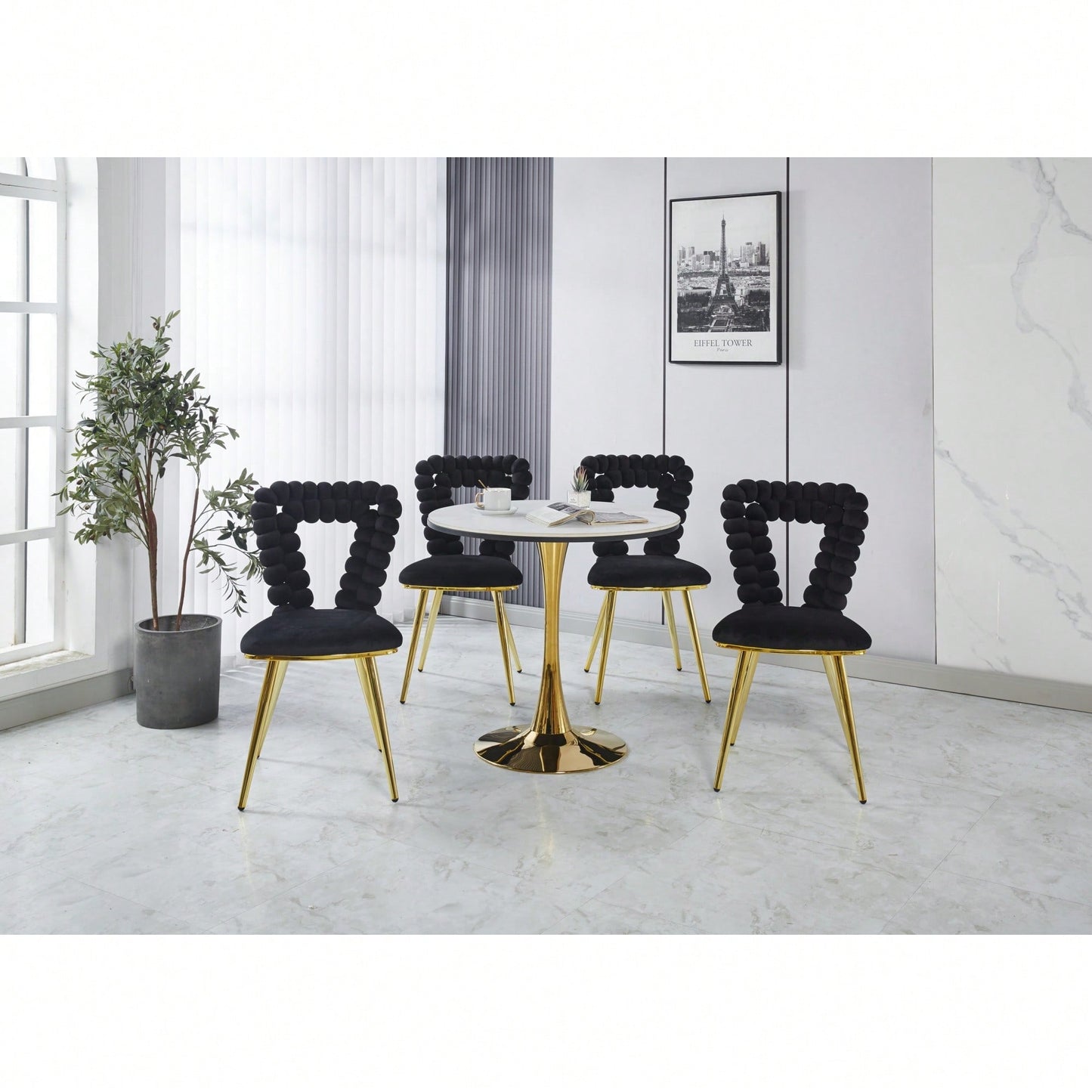 Stylish Set of 2 Modern Chairs with Gold Legs and Soft Black Cushions for Dining and Living Spaces