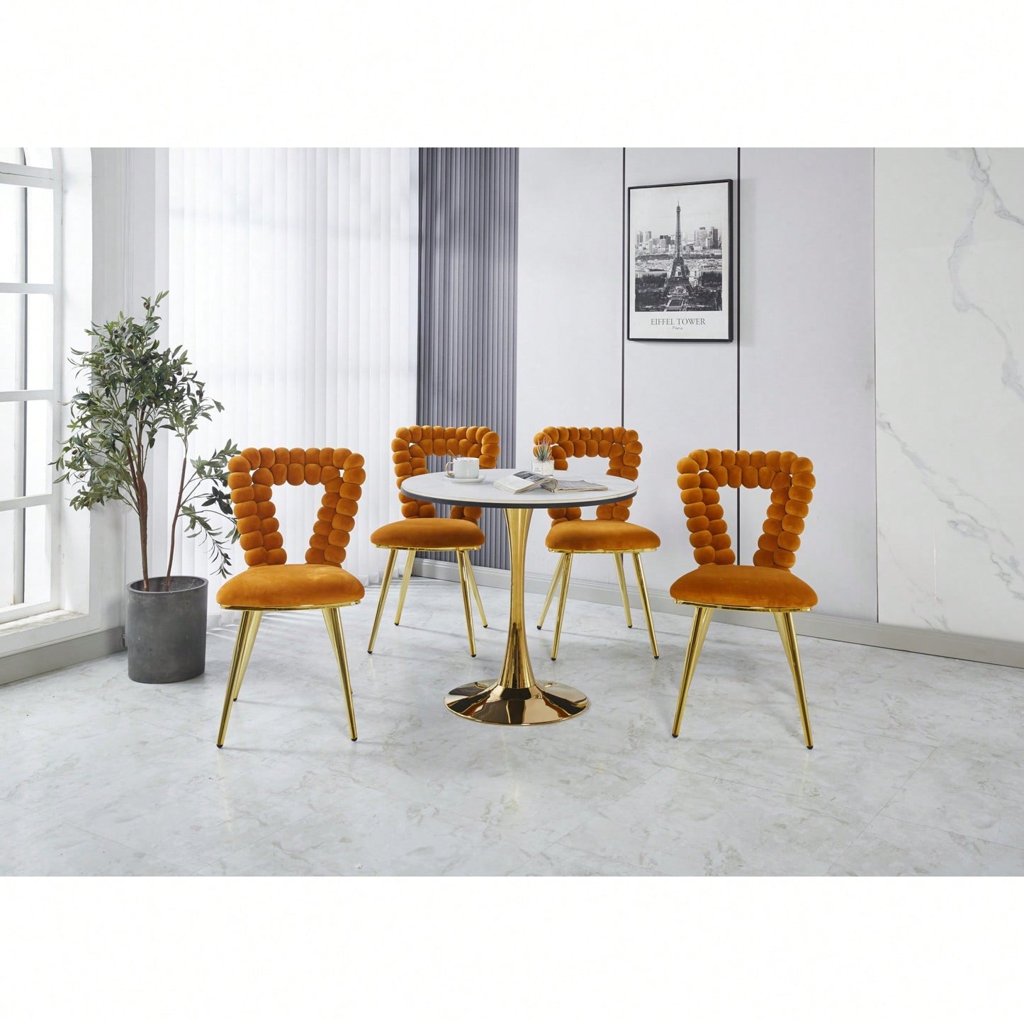 Stylish Set of 2 Modern Chairs with Gold Legs and Soft Black Cushions for Dining and Living Spaces