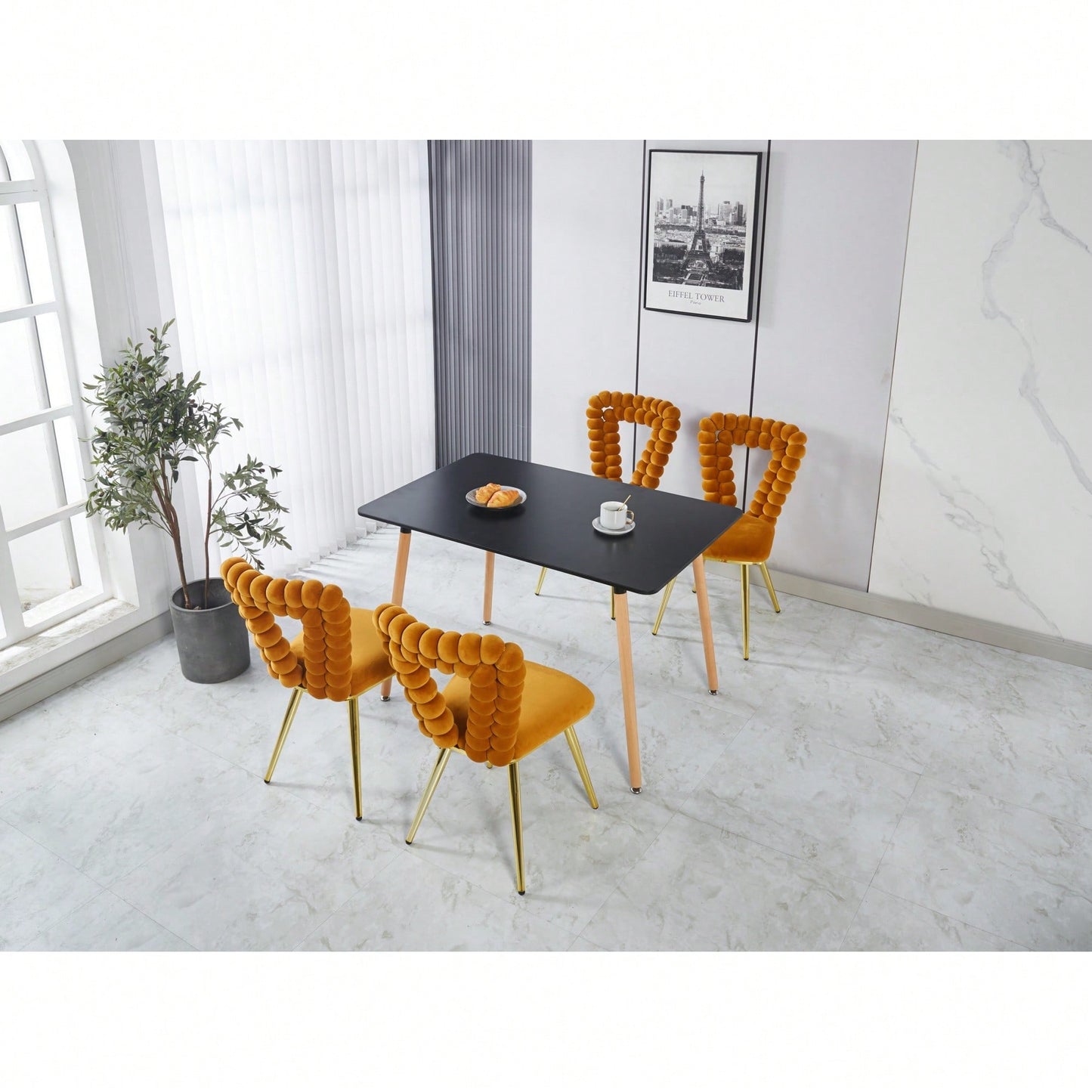 Stylish Set of 2 Modern Chairs with Gold Legs and Soft Black Cushions for Dining and Living Spaces