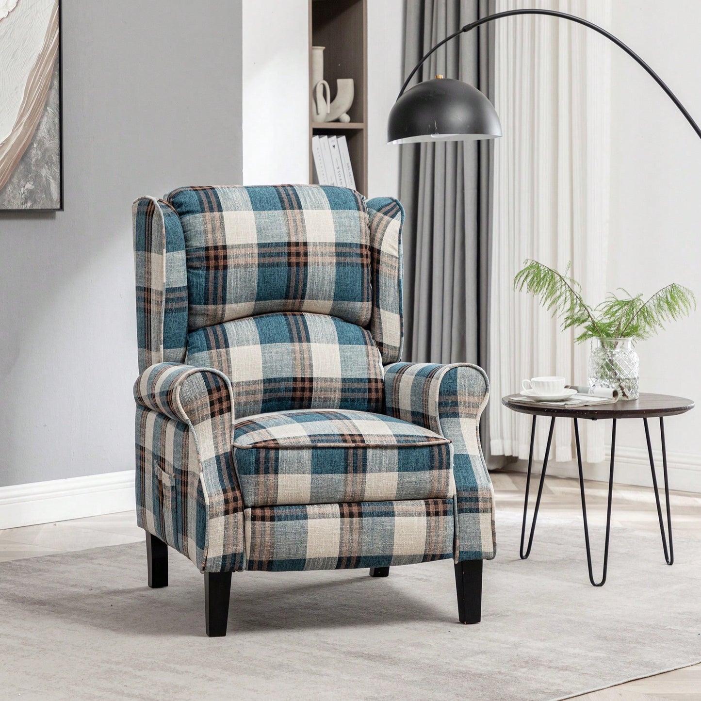 Stylish Upholstered Vintage Armchair Recliner - Comfortable Leisure Chair For Living Room (Grey Check)