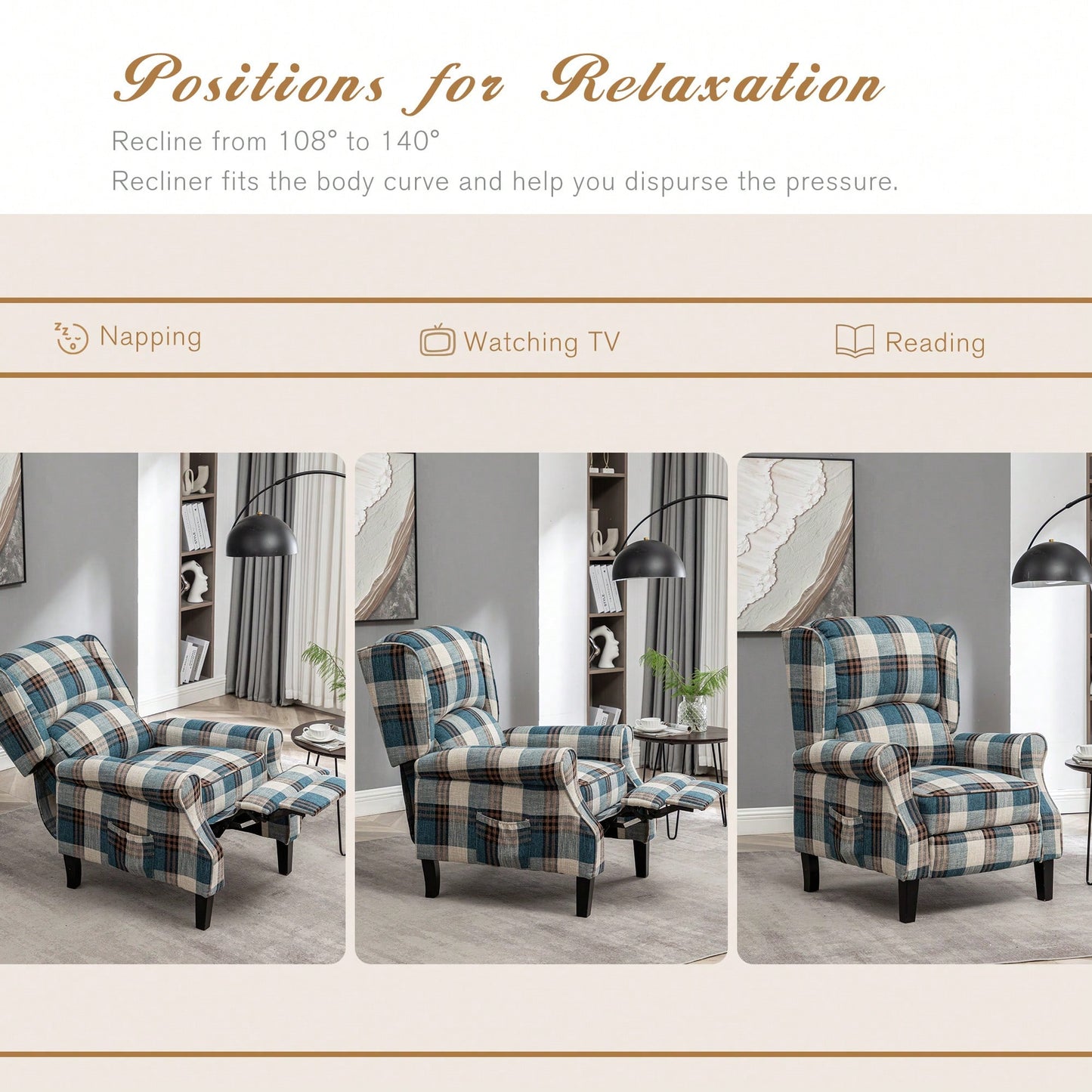 Stylish Upholstered Vintage Armchair Recliner - Comfortable Leisure Chair For Living Room (Grey Check)