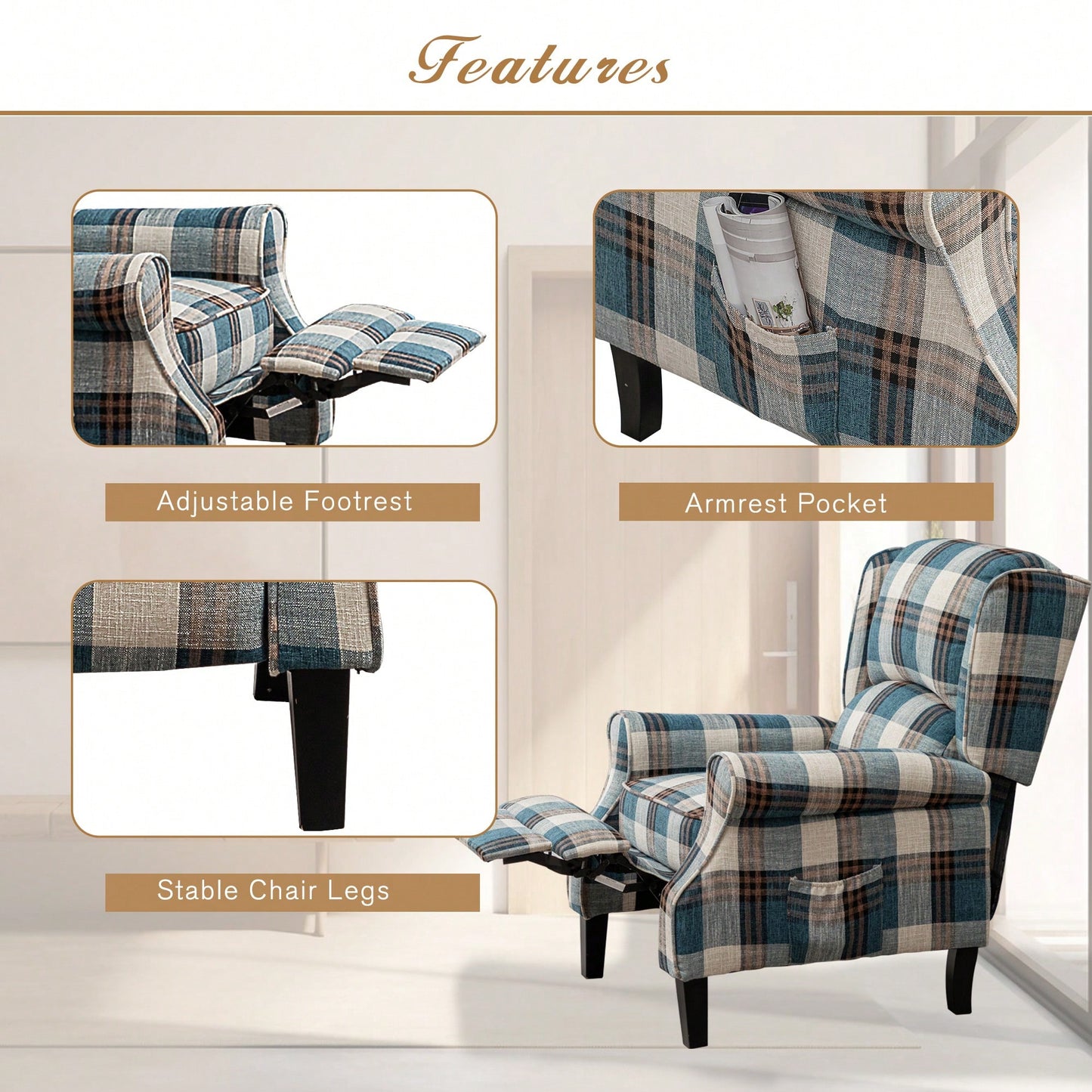 Stylish Upholstered Vintage Armchair Recliner - Comfortable Leisure Chair For Living Room (Grey Check)