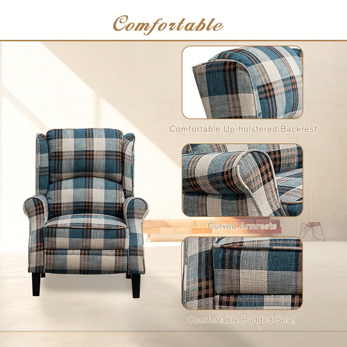 Stylish Upholstered Vintage Armchair Recliner - Comfortable Leisure Chair For Living Room (Grey Check)