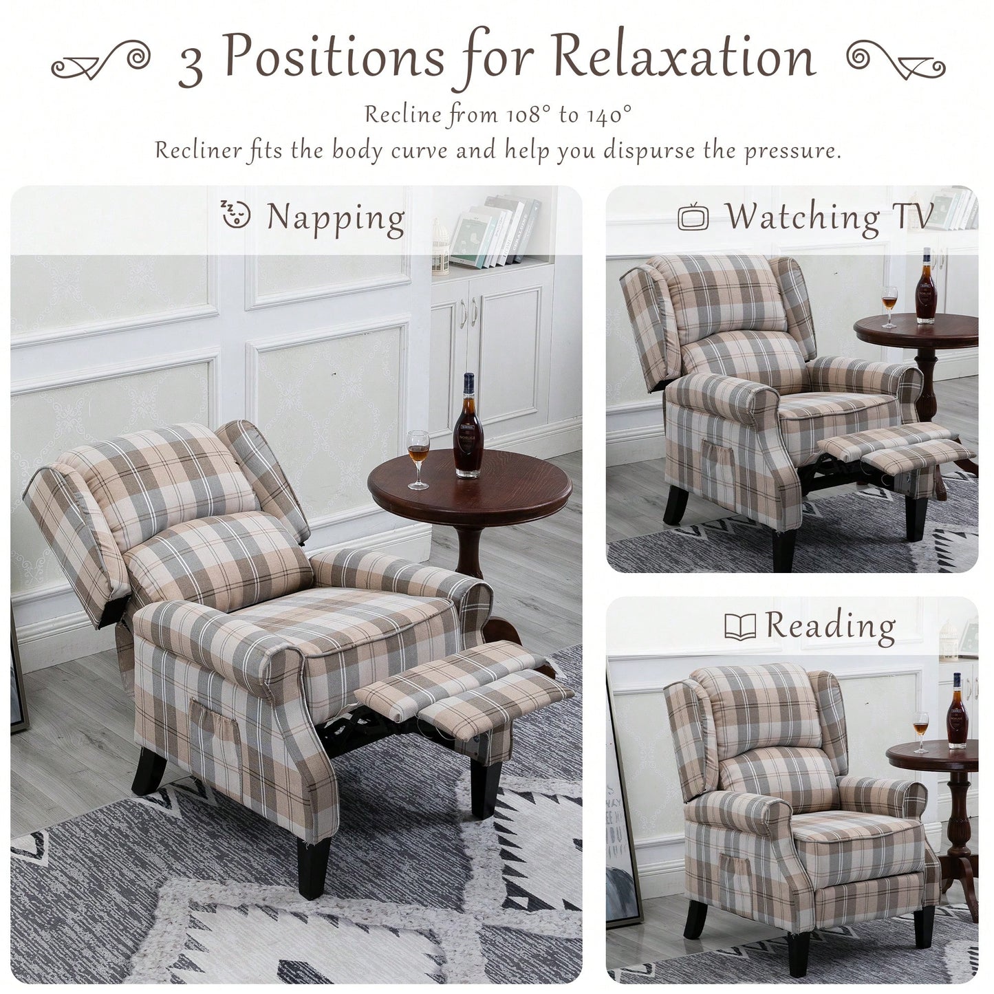 Stylish Upholstered Vintage Armchair Recliner - Comfortable Leisure Chair For Living Room (Grey Check)