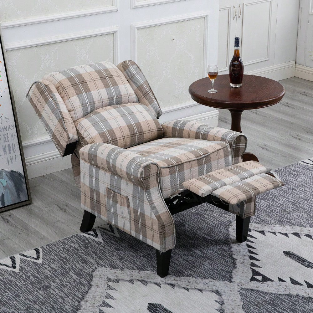 Stylish Upholstered Vintage Armchair Recliner - Comfortable Leisure Chair For Living Room (Grey Check)