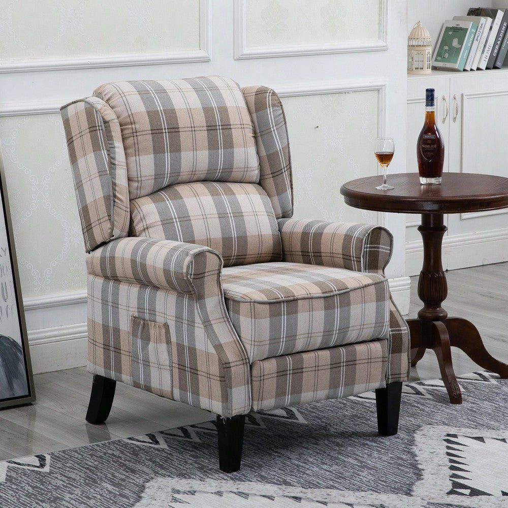 Stylish Upholstered Vintage Armchair Recliner - Comfortable Leisure Chair For Living Room (Grey Check)